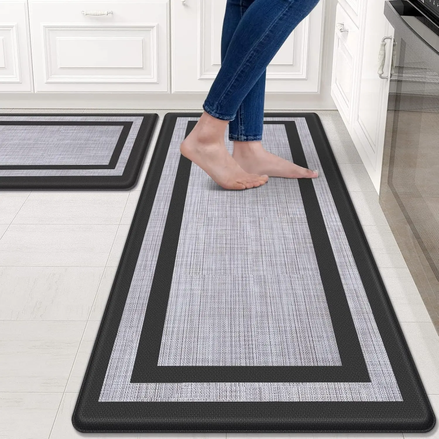 2 PCS Kitchen Mat - Cushioned Anti-Fatigue Non-Skid Waterproof Rugs for Standing Comfort - Black and Gray