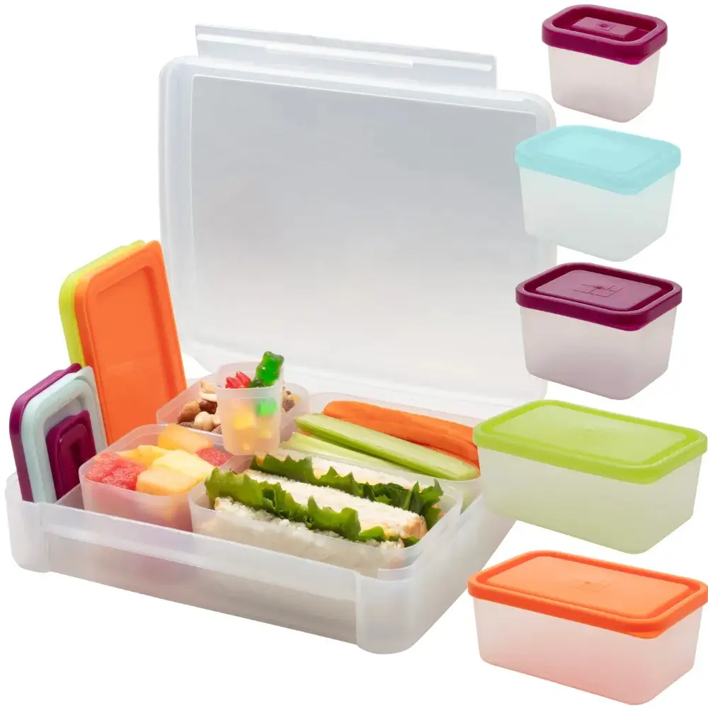 Bentology Leak-Resistant Bento Lunch Box Set with 5 Removable Containers, Multicolor Lids, BPA-Free Dishwasher-Safe Meal Prep Food Storage for Kids