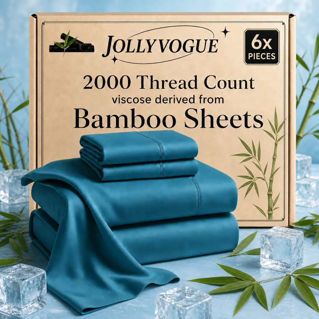 Jollyvogue Extra Deep Pocket Bamboo Sheets - 6 Pcs Breathable & Cooling Bamboo Bed Sheets for Hot Sleepers, Breathable & Moisture Wicking, Hotel Luxury Fitted Soft Wrinkle-Free For Mattresses, Room Decor, Twin/Full/Queen/King Size Pillowcase Sets