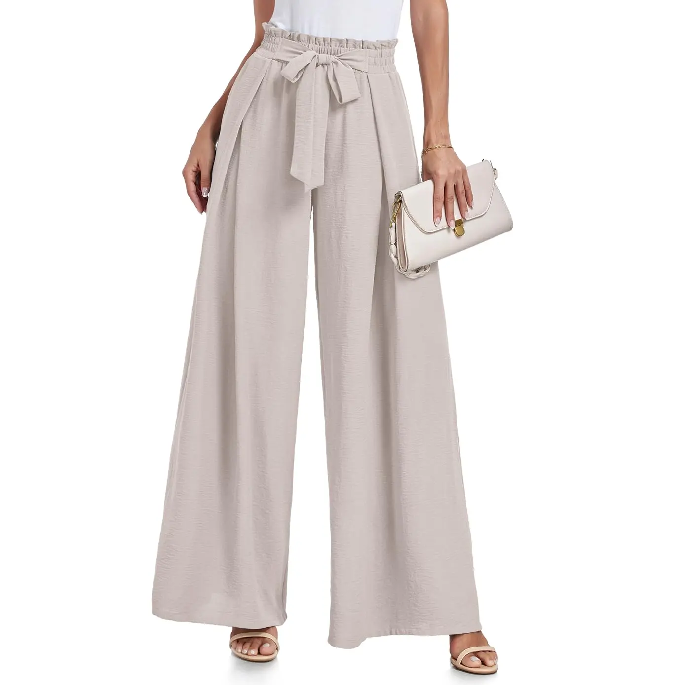Lepunuo Wide Leg Pants for Women Palazzo Pants Work Casual High Waisted Flowy Tie Knot Trousers with Pockets