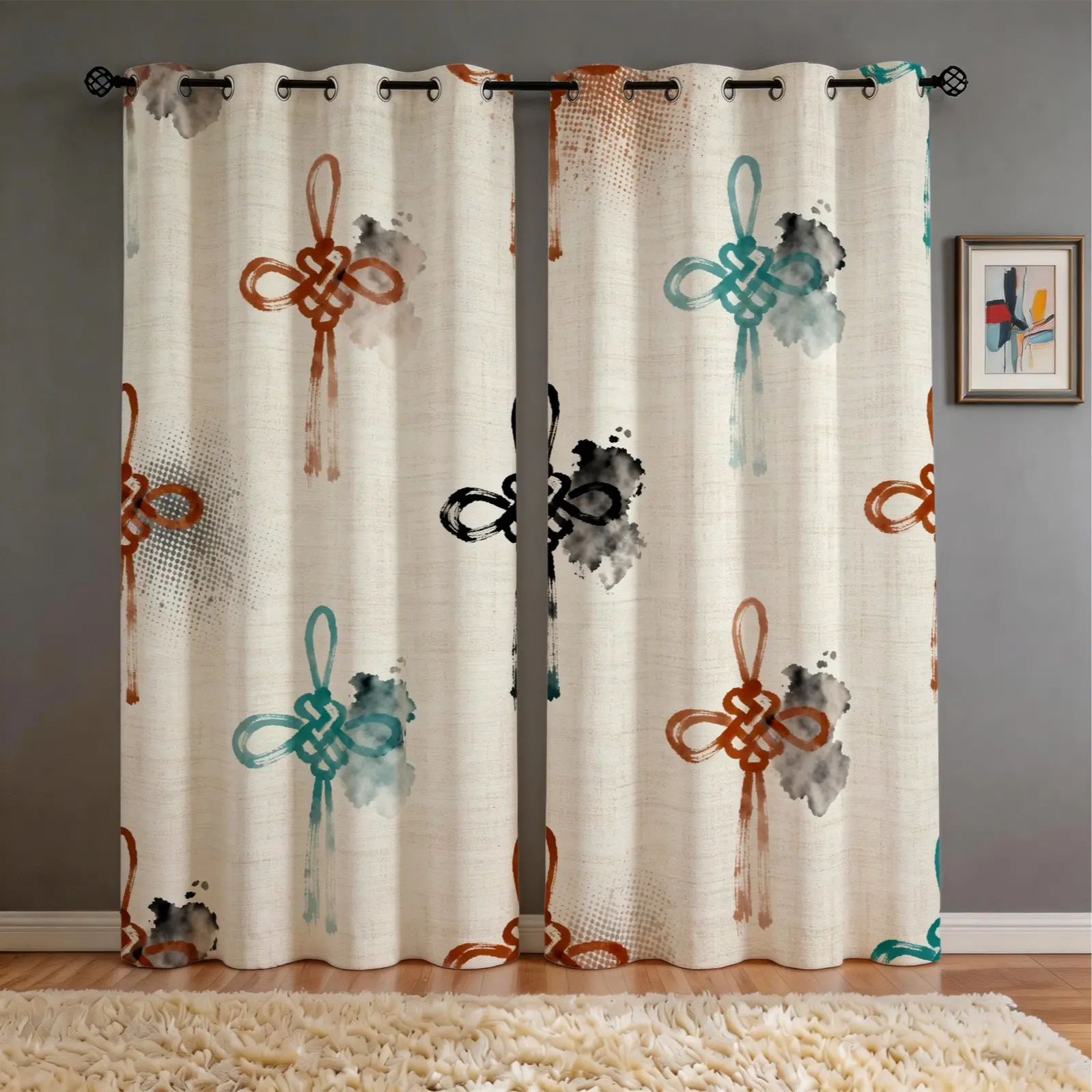 2 Panel Chinese Knot Printed Decorative Curtains, Polyester Fadeless Room Darkening Curtains with 80%-90% Light Blocking Rate, All-Season Window Treatments for Living Room & Bedroom, Ideal for Privacy & Home Protection