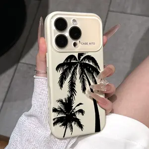 Coconut Tree Pattern Case for iPhone 17 Pro Max 17Air 17 16E 16 15 14 13 12, Ultra Skin-Friendly TPU, All-Inclusive Glass Lens Protection, Aesthetic Tropical Summer Gift, Dopamine Ins Style Solid Color Cover, Shockproof Slim Case, Lens Window Design