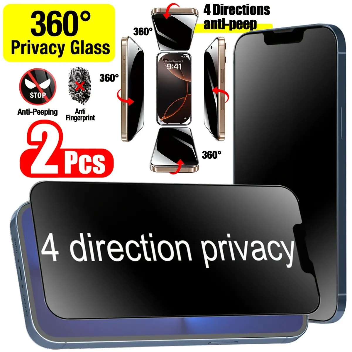 2pcs 360° Anti-Spy Privacy Screen Protectors, Protective Accessories, with iPhone 17/16/15/14/13/12/Pro Max/Pro/Plus/Mini, 9H Hardness, Four-Sided Design, Fingerprint Resistant, Durable, Easy Installation, Protection