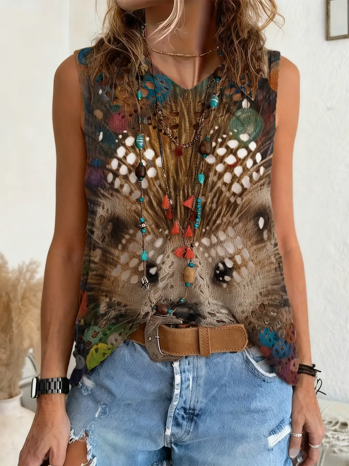 Spring Summer V Neck Hollow Out Shoulderless Sweater, Colorblock Hedgehog Print Knit Top, Casual Elegant Commuter Wear, Boho Beach Cover-Up