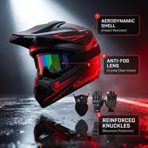 Matte Red Phantom Graphic DOT-Certified Motocross Helmet Combo - Low-Key Black & Red Full-Face Off-Road Set with Anti-Fog Goggles, Gloves, Neck Cover for Outdoor Motorcycle Motocross Protective Gear