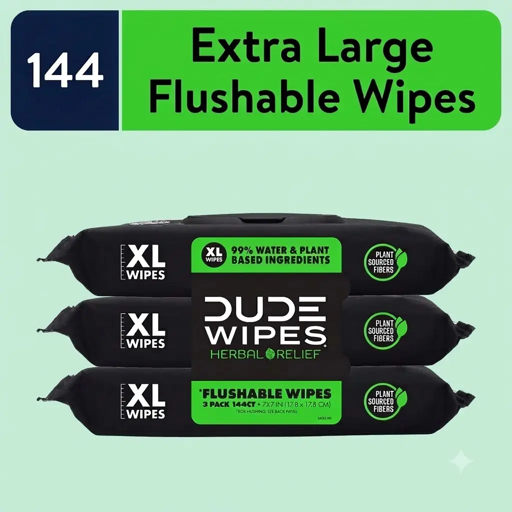 DUDE Wipes Flushable Wipes XL Wet Wipes For At Home Use Herbal Relief 144 Count Extra Large Flushable Toilet Paper Box