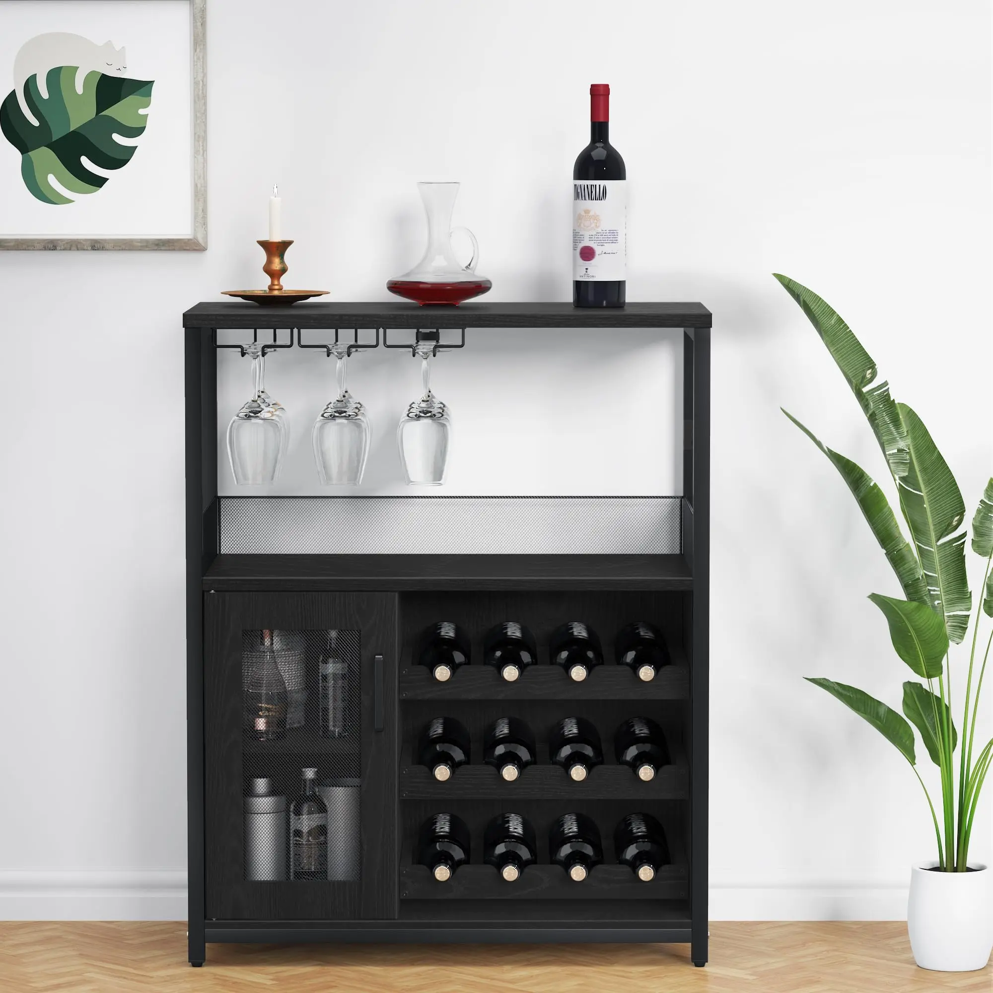 Wine Bar Cabinet with LED Light - Industrial Coffee Bar Station & Liquor Cabinet for Home - Sideboard Buffet with Removable Wine Rack & Glass Holder, Mesh Doors for Dining & Living Room