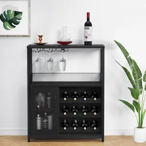 Wine Bar Cabinet with LED Light - Industrial Coffee Bar Station & Liquor Cabinet for Home - Sideboard Buffet with Removable Wine Rack & Glass Holder, Mesh Doors for Dining & Living Room