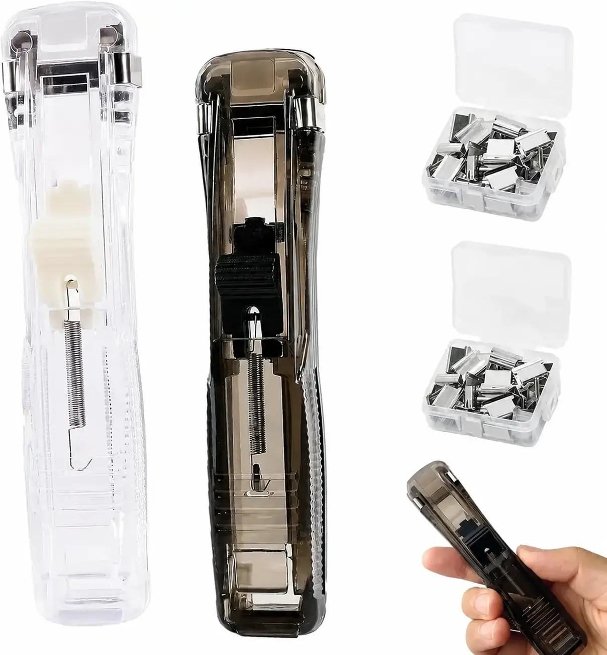 2 Pack Creative Push Stapler, Reusable Stapleless Paper Clip Dispenser with 100 Stainless Steel Refill Clips, 40 Sheet Capacity Paper Clamp Tool for Office & School Supplies