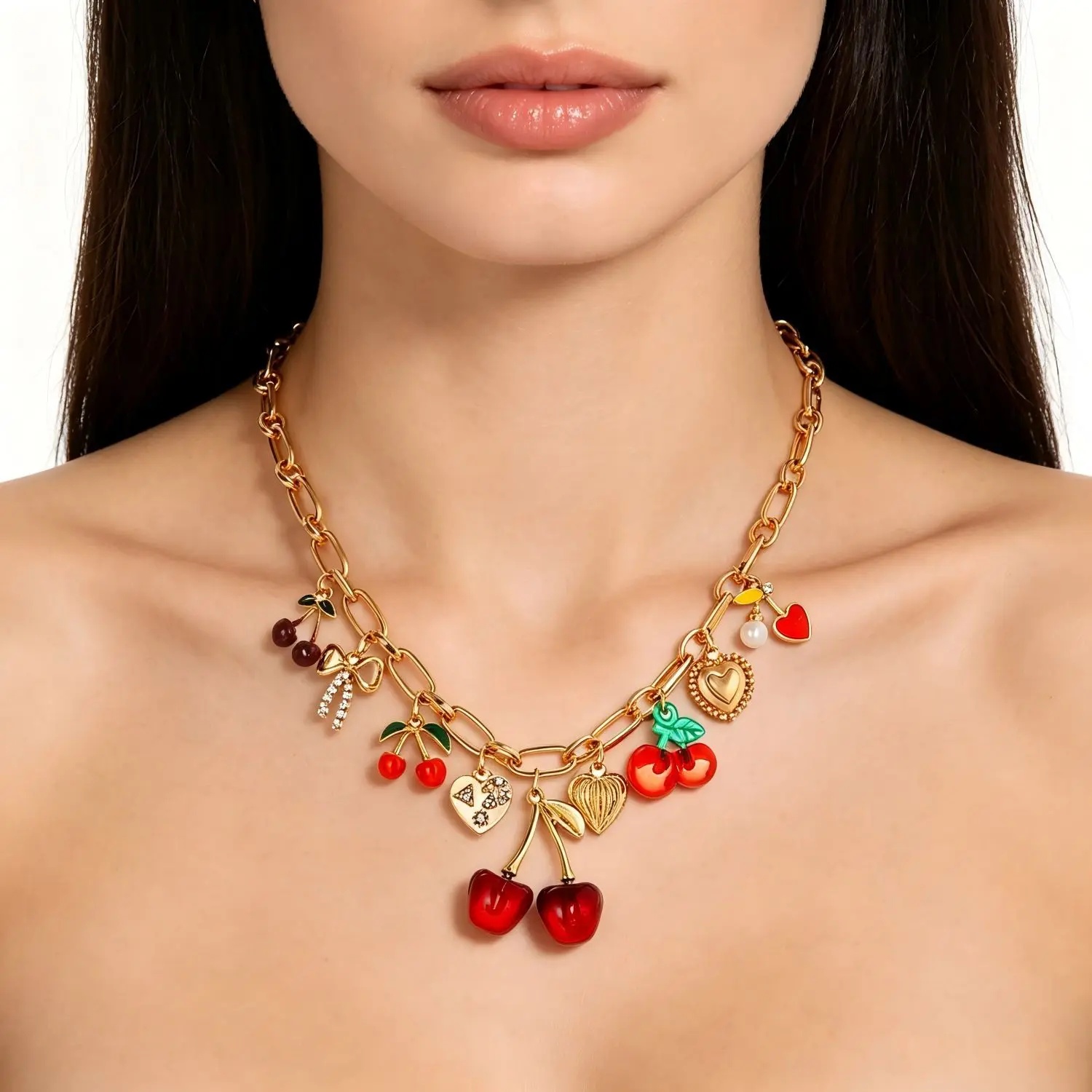 Cute Minimalist Cherry Shaped Jewelry Set, 2026 New Summer Trendy Accessories, Pastoral Countryside Style Adjustable Open Ring, Fashion Ring Bracelet Necklace Combo, Ideal Holiday Gift for Women