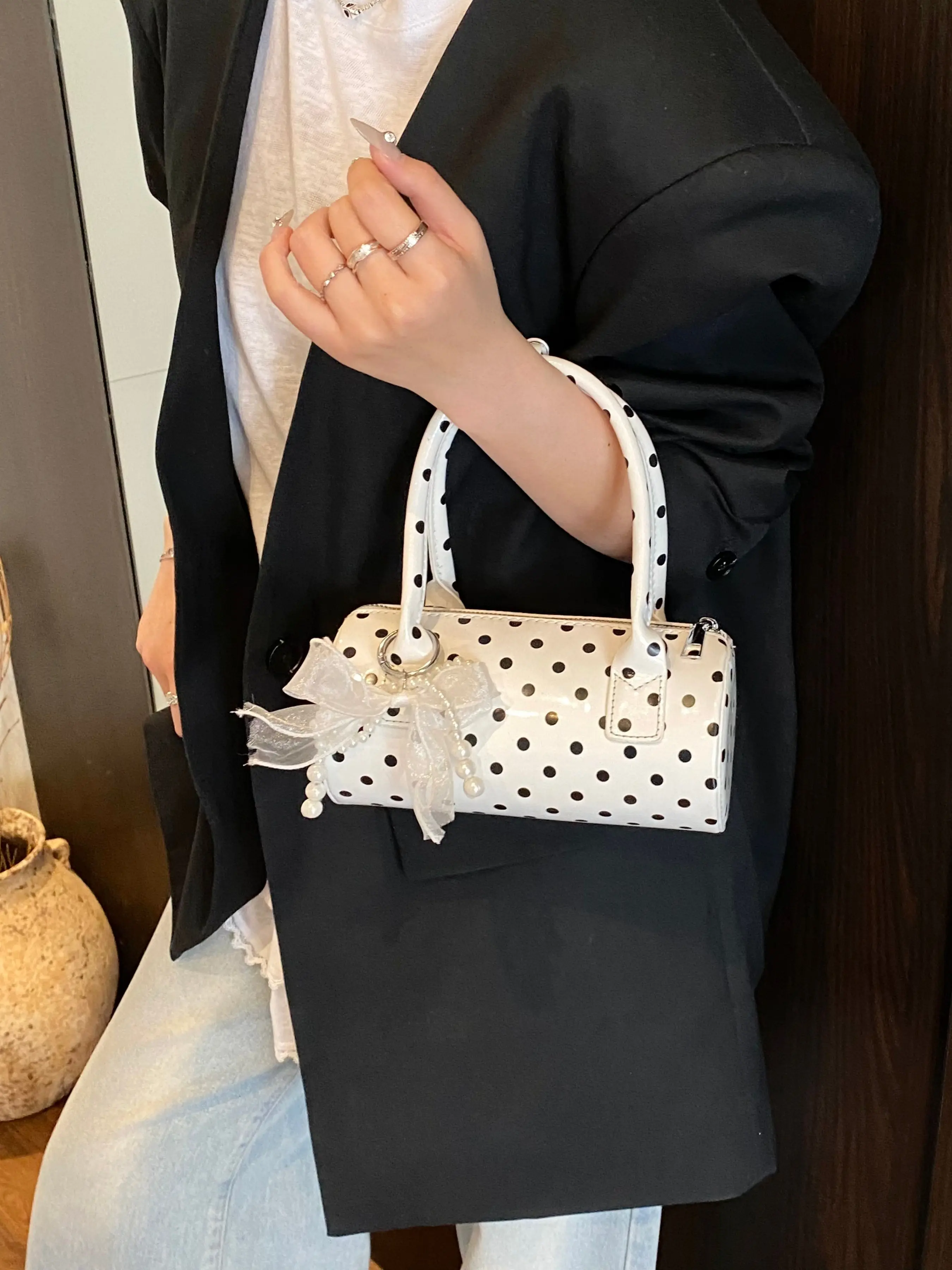 Y2K Retro Polka Dot Leather Handbag, French Bow Pearl Crossbody Bag, Unique Mini Cylinder Bag, Fashionable and Stylish Accessory