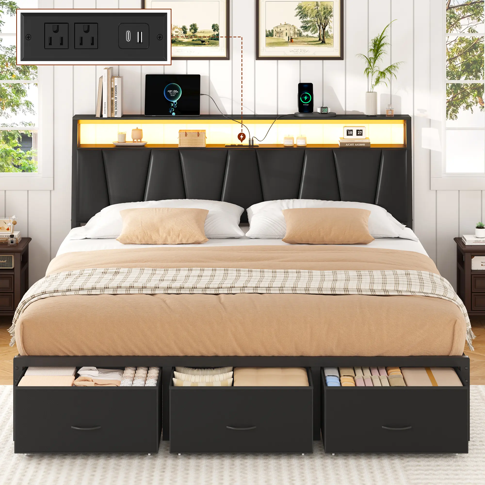 TryLazy LED Storage Bed Frame Full/Queen/King, Upholstered Headboard with 2-Tier Shelves & Charging Station, Metal Platform Bed with 2/3 Storage Drawers, Heavy Duty Slats, Squeak Free, No Box Spring Needed