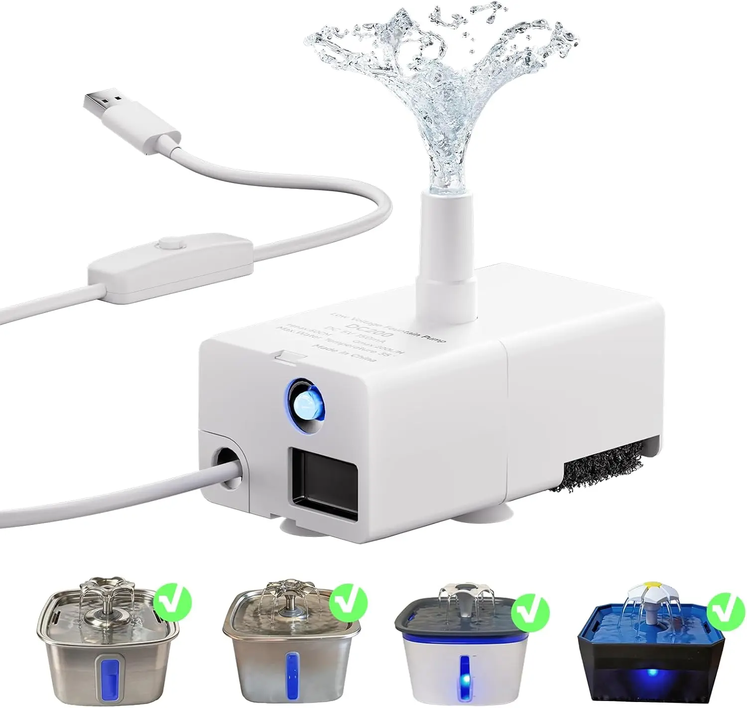 Cat Water Fountain Replacement Pump with LED Light Switch, Pet Fountain Pump Compatible with oz, oz and oz Cat Dog Water Fountains, Ultra Quiet Long Lifespan USB Water Pump