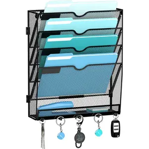 5 Tier Wall File Organizer - Hanging File Organizer with 5 Hooks, Mail Holder Wall Mounted for Papers, Folders, Magazines, Bills, Office&School Organization, Black