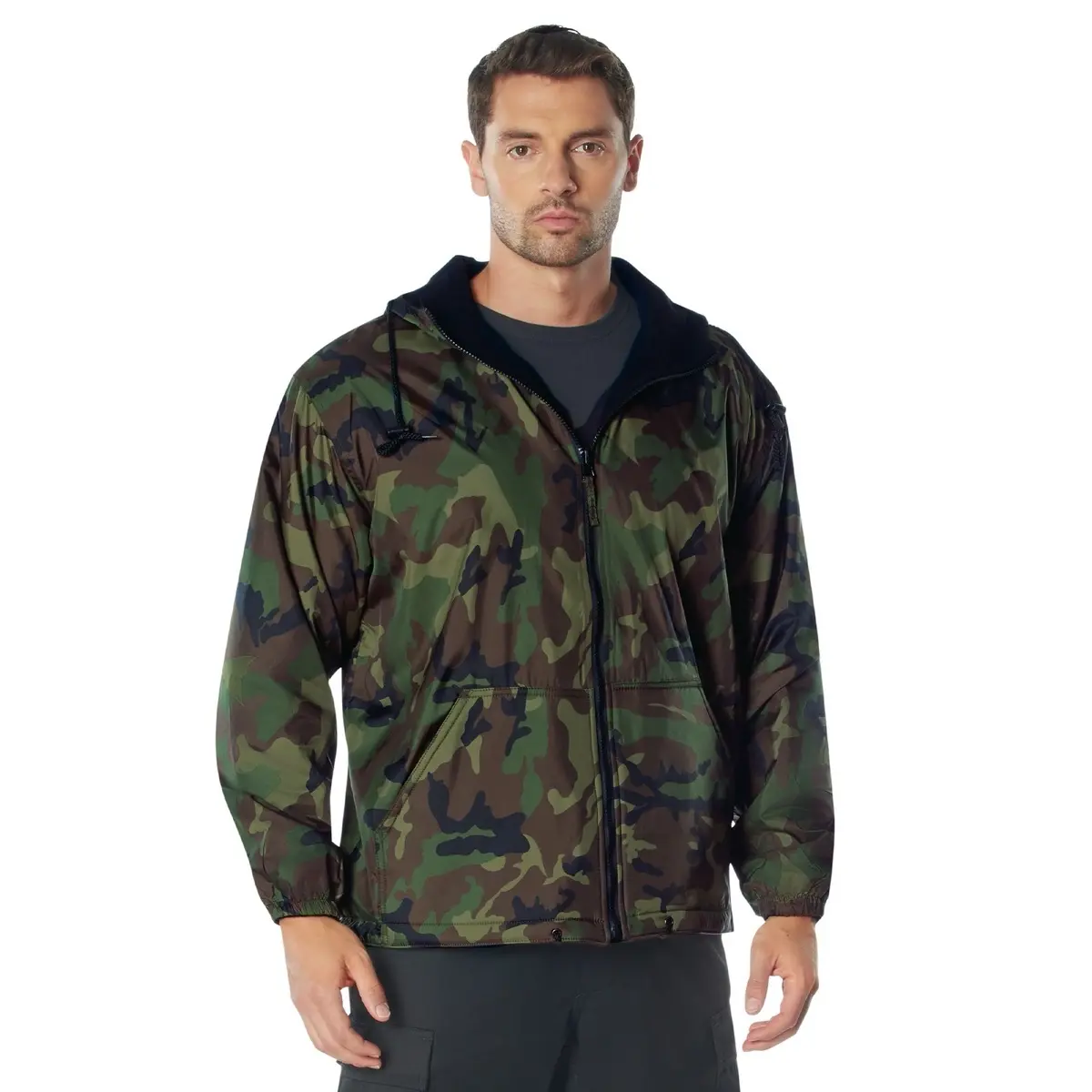 ROTHCO Men's Big-Tall Reversible Nylon/Fleece-Lined Hoodie Jacket - Longsleeves Menswear Top, Waterproof Utility Shell, Plain-to-Camouflage Design, Fitted Elastic Accents, Zipper Closure, Functional Pockets, Polyester, Customized Athletic Zip-Up