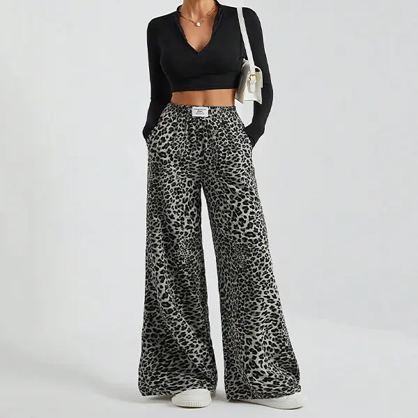 Women Classic Yellow Base Leopard Print Wide Leg Sweatpants, High Elastic Seamless Waistband, Flowy Full Floor-length Draped Silhouette, Soft Light Wrinkle-resistant Knit Fabric, Loose Straight Casual Street Loungewear Trousers