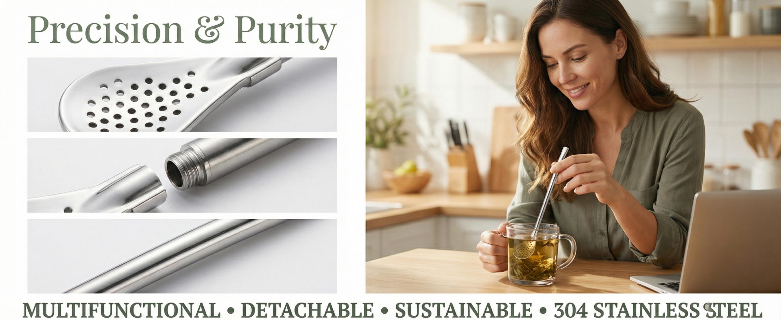 3-in-1 Reusable Tea Filter Straw  | 304 Stainless Steel Stirring Spoon & Straw | Perfect for Loose Leaf Tea, Fruit Tea & Yerba Mate
