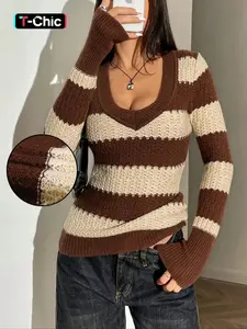 Women's Striped Knit Pullover Sweater, Knitwear, Elegant Fashion V Neck Jumper, Slim-Fitting Thin Fabric, Perfect for Spring & Fall Daily Wear