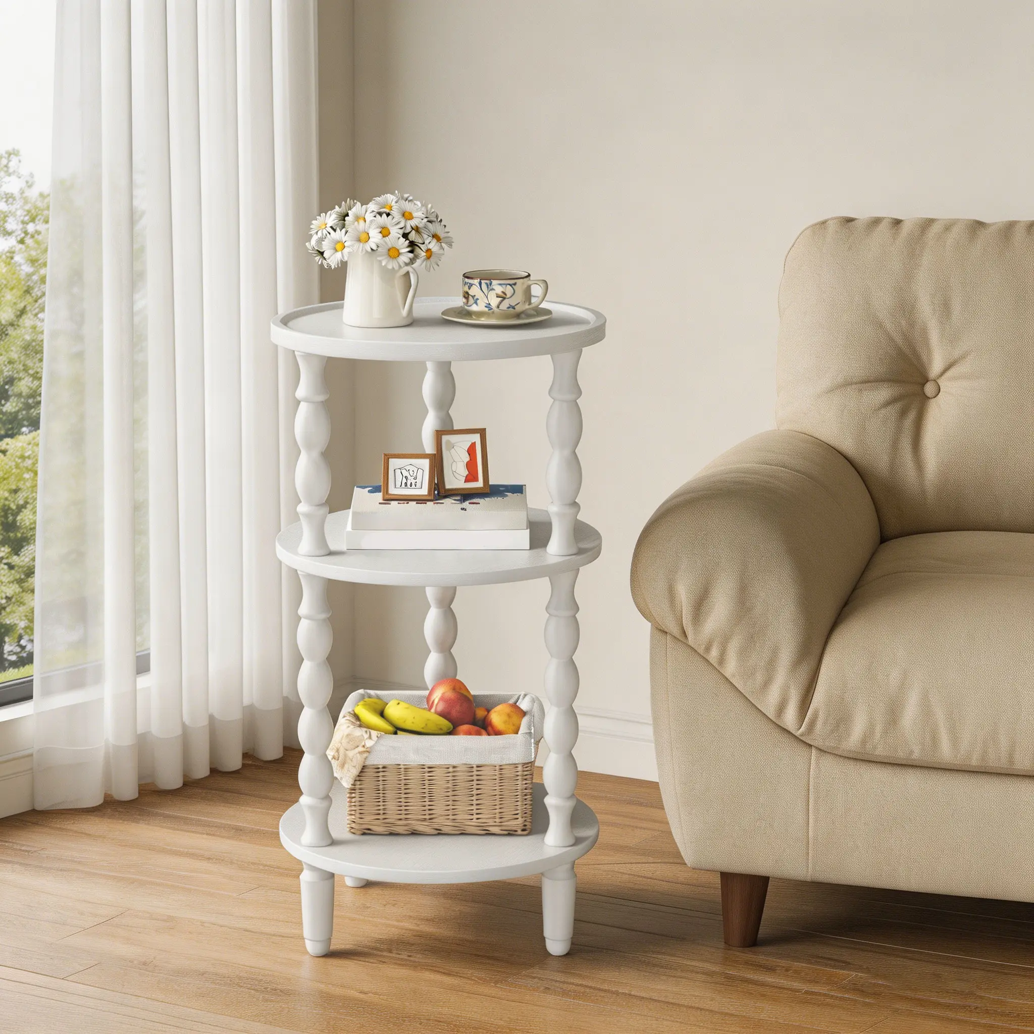 HOOBRO Round Side Table for Small Space, 3-Tier Small Round End Table with Rubberwood Leg, Accent Bedside Table, Circle Nightstand, Living Room, Bedroom, Sofa Couch, White