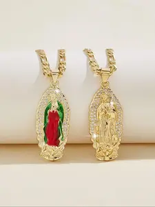 Elegant Virgin Mary Pendant Necklace, 14k Plated with Zirconia and Enamel, Perfect Religious Jewelry Gift for Friends and Family, Daily Wear Necklace