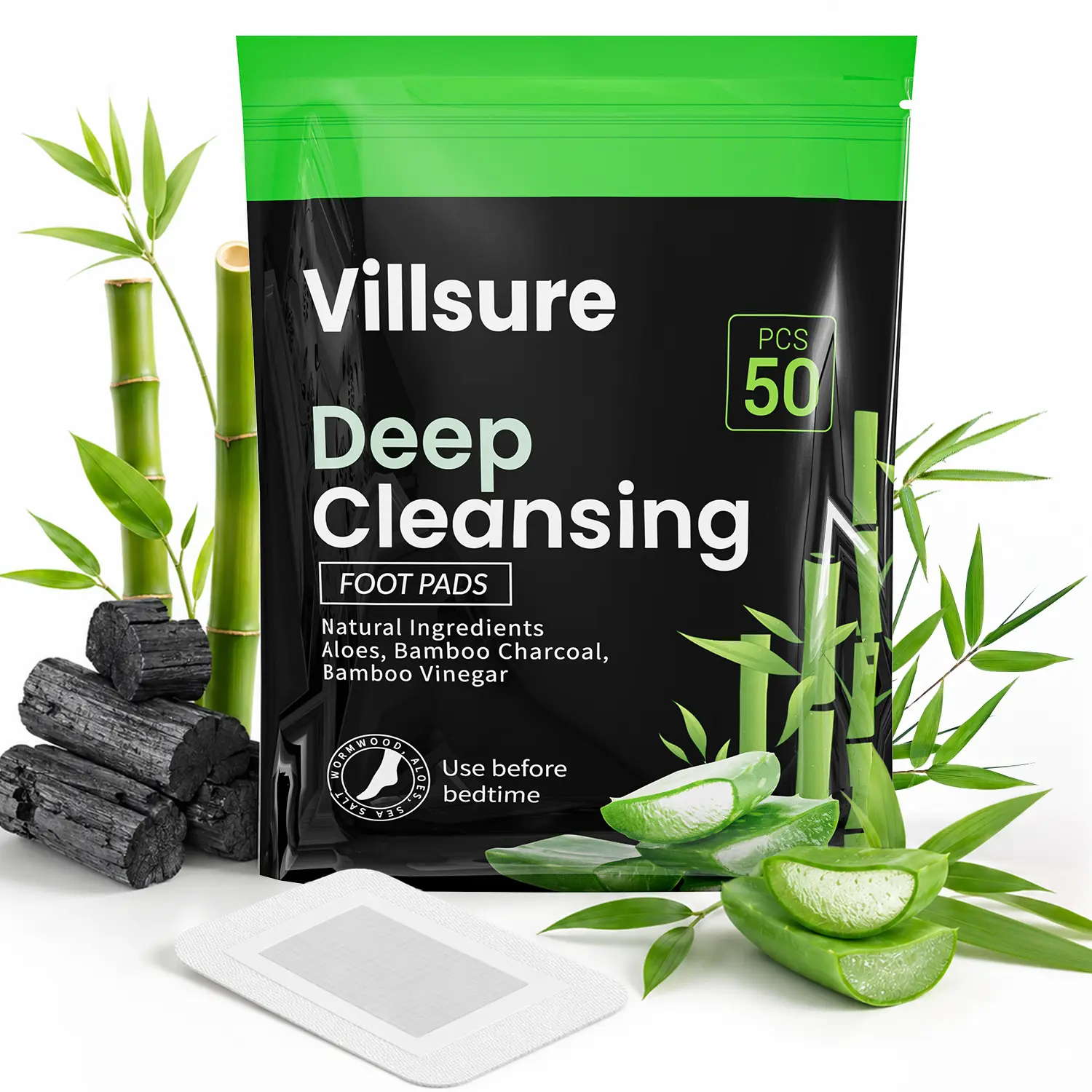 Villsure Herbal Foot Pads 30/50 Patches, Natural Aloe Vera Foot Care Patches with Sea Salt & Tourmaline, Relaxing Foot Patch for Sleep Support, Daily Foot Care Detox Pads