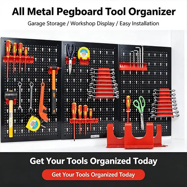 Heavy Duty Metal Pegboard Wall Tool Organizer - 132LBS Load Wall-Mount Storage System with Wrench, Drill Holders for Garage Space Maximization