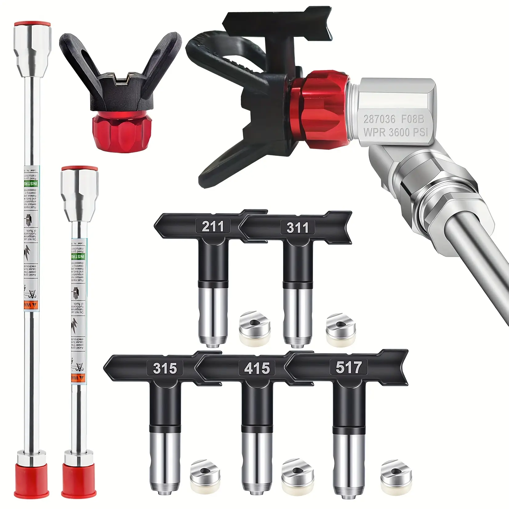 10-Piece Airless Spray Gun Tip Extension Rod Kit, Sprayer Assembly, with Nozzles (211, 311, 315, 415, 517), 2 Extension Rods (7.87in, 11.81in), Swivel Joint and Nozzle Guard, Suitable for Interior/Exterior House, Garden, Fence & Wall Spray Painting
