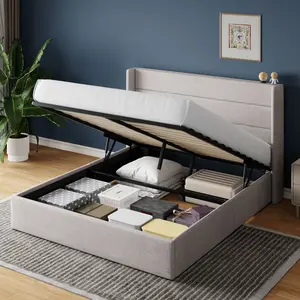 HOOMIC Lift-Up Storage Bed Frame【Frame Only No Mattress】- Modern Wingback Headboard with Hydraulic System & Upholstered Platform,Wood Slat Support,Light Beige/Grey/Yellow/Black/White,No Box Spring Needed,Full/Queen/King