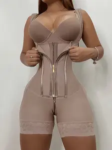 Women's Solid Color Shapewear Bodysuit, Fajas, Highwaist Girdle Fit, Butt Lifting And Tummy Control Jumpsuit, Adjustable Hooks And Zipper Closure Romper, Lace Anti-Slip Strip, Colombian Shapewear, Suitable For Home Leisure Fashion Wear