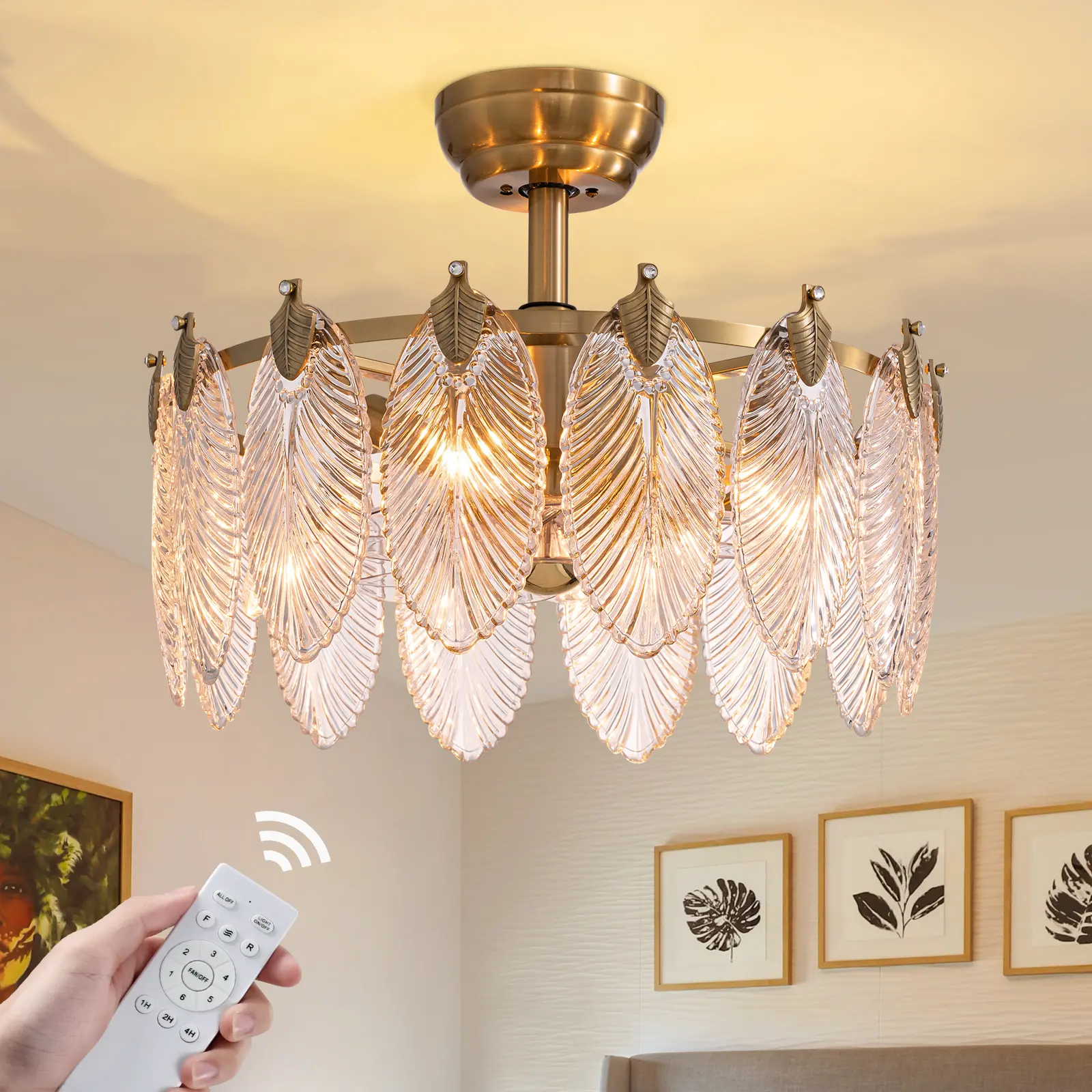 20" Gold Crystal Fandelier Ceiling Fan with Light, Mid-Century Caged Design, 6-Speed Remote Control, Indoor Light Decor for Bedroom, Living Room