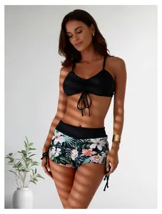 Floral Swimsuits for Women Drawstring Boyshorts Bikini Sets - Criss Cross Top High Waisted Two Piece Bathing Suits for Teens & Women