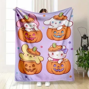 Halloween Pumpkin Cartoon Flannel Blanket Cute Animal Print Soft Cozy Warm Lightweight Decorative Fleece Throw for Sofa Bedroom Office Travel Holiday Gift Home Decor
