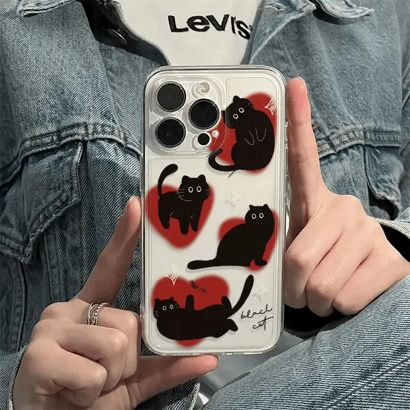 Handheld Transparent TPU Plastic Protector Casing - Adorable Small Black Cat Pattern Smartphone Accessory for iPhone 17,16,15,15 Plus,14,13,12,11 Pro & Other Devices
