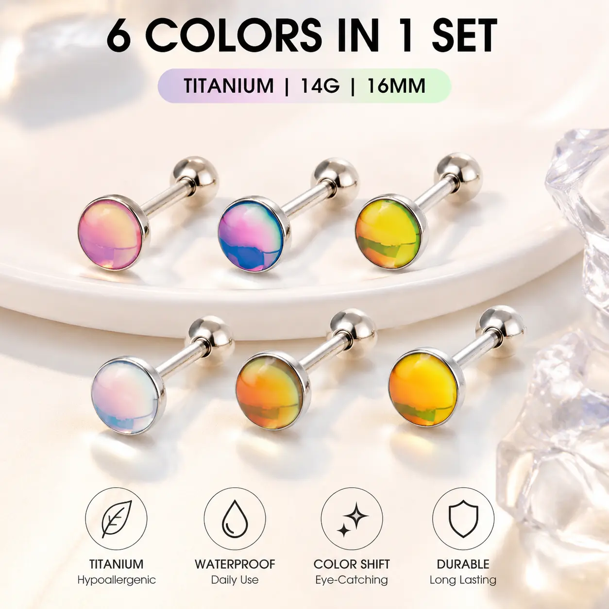 6PCS Color Shift Titanium Barbell Set 14G 16mm, Iridescent Tongue Ring Body Jewelry, Color Changing Piercing Accessories for Men Women
