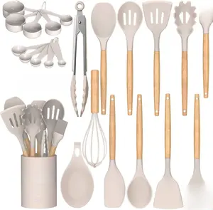 Kitchen Cooking Utensils Set, 33 pcs Non-Stick Silicone Cooking Kitchen Utensils Spatula Set with Holder, Wooden Handle Silicone Kitchen Gadgets Utensil Set (Khaki)