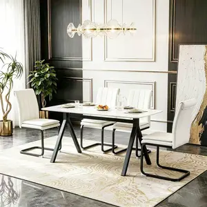Modern 5Pcs Dining Table Set for 4, Marble Glass Table & 4 PU Leather Chairs, Space Saving Combo for Apartment Kitchen, Black&White