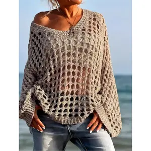 Women's Knit Top + V Neck Loose Casual Hollow Out + All Season Daily Wear + Soft Polyester Knit Hand Washable