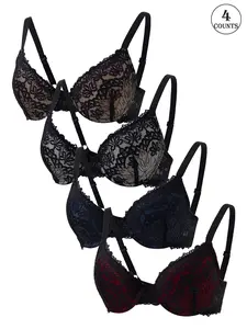 4pcs women Sexy Lace Underwire Bra with Strong Push Up Adjustable Straps and Comfortable Back Closure Featuring a Shaped Back Look