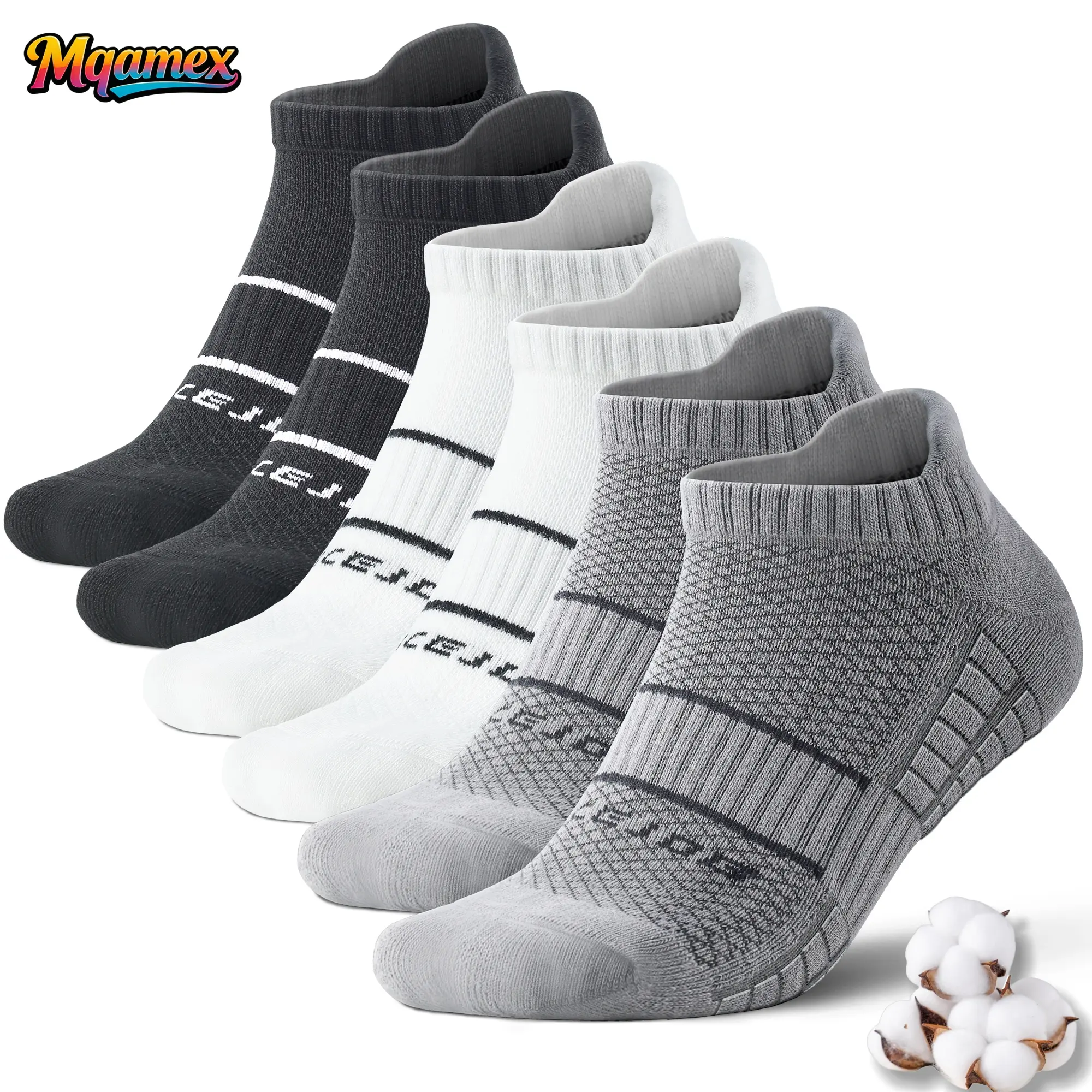 Mqamex 6 Pairs Unisex Geometric Athletic Socks, Minimalist Quick-Drying Cotton Jacquard with Arch Support for Running & Tennis