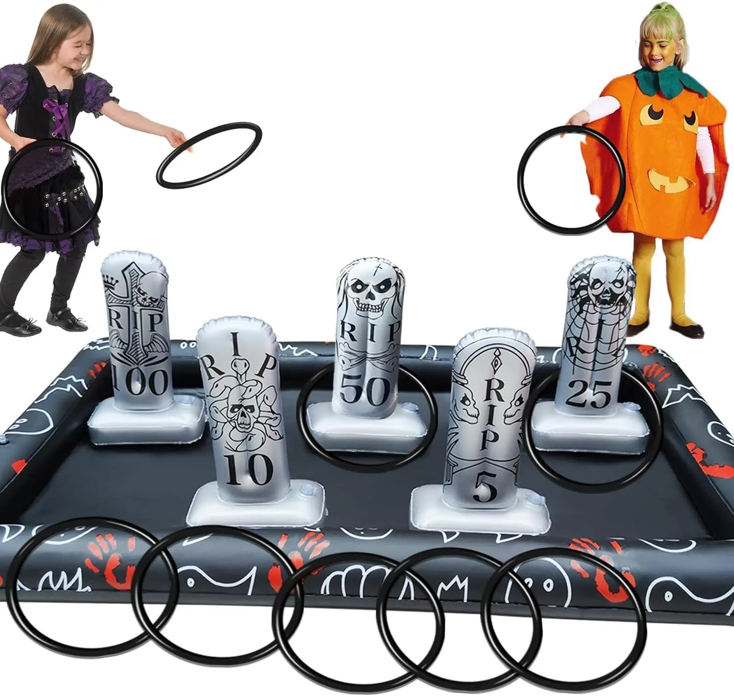 Upgraded Stability & Plastic Ring Giant Tombstone Ring Toss Games Halloween Party Game Favors for Kids Inflatable Game Halloween Party Decor Outdoor Carnival Game Classroom Indoor School Yard Set Gifts