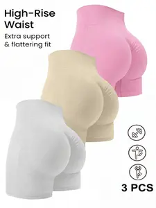3-Pack Women's solid color high waist sports shorts, high elastic seamless yogashorts, breathable and comfortable gym shorts, tight shorts suitable for indoor and outdoor wear, Stretchy Breathable Shorts