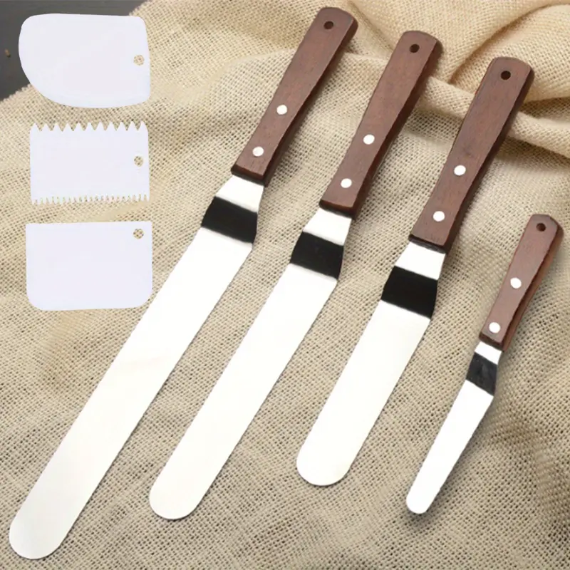 4 Packs Offset Spatula,Stainless Steel Cake Icing Spatula Set,4” 6” 8” 10”with Wooden Handle and 3 Packs Cake Smoother Scraper Set for Cake Decorating,Baking,Hand Tools Kits