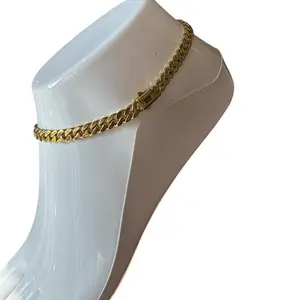 Cuban Anklet 14k Gold Laminated with Box Closure Classic Design Flattened Links Hypoallergenic Daily Wear.0014