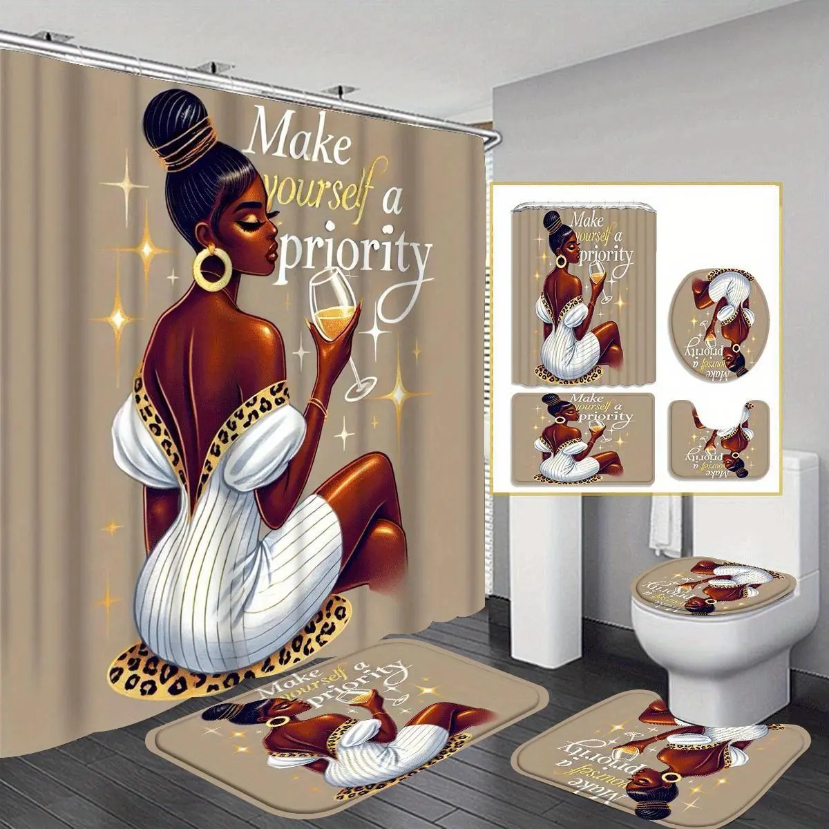 1/4pcs African American Woman Pattern Bathroom Decorations, 4 Counts/set Including Shower Curtain & Toilet U-shape Mat & Bathroom Mat & Toilet Lid Cover, Bathroom Decor Supplies, Bathroom Accessories, Shower Curtain Sets