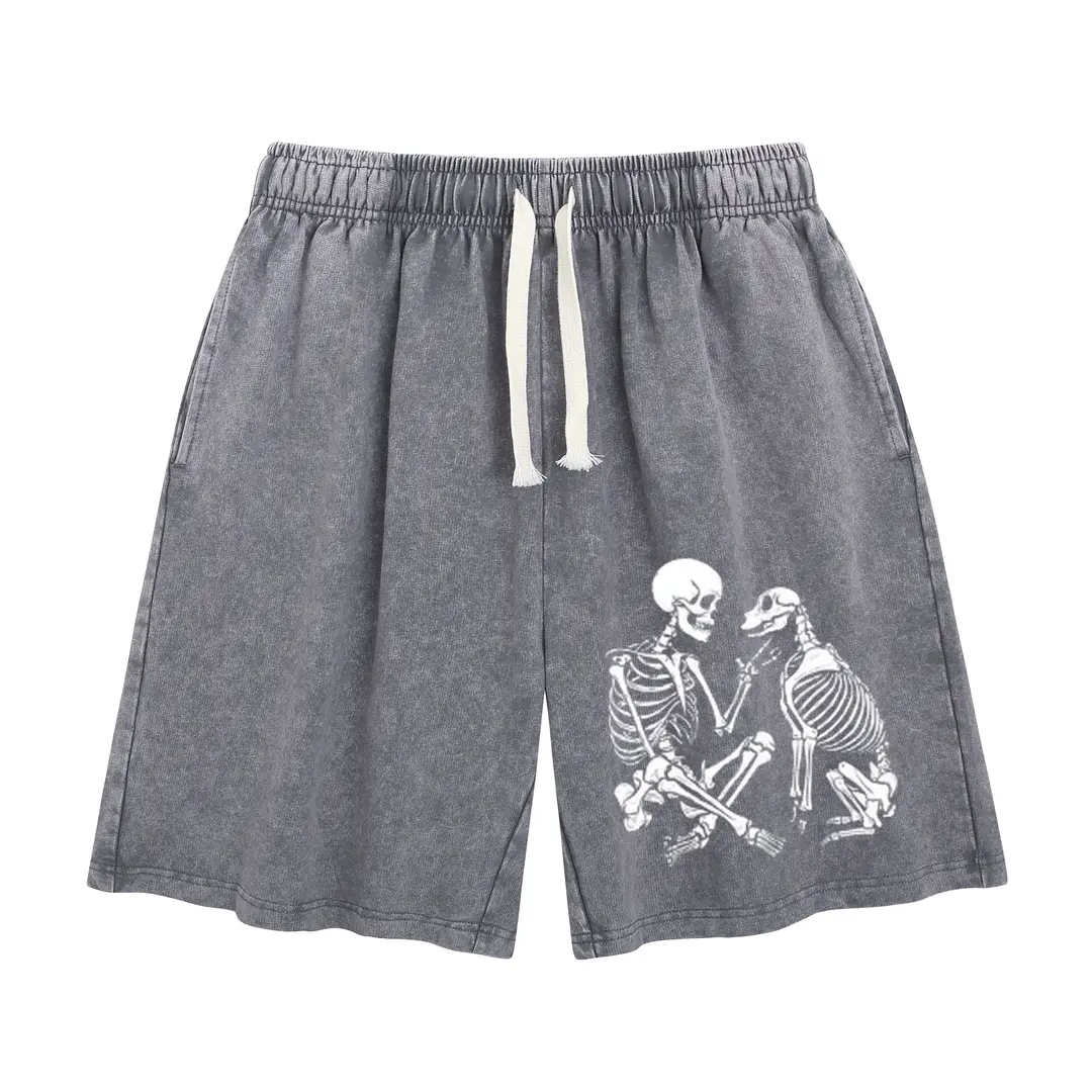 Women's Gothic Pet Lover Street Style Baggy Cotton Shorts - Wayii Branded Graphic Character Print, Distressed Acid-Wash Vintage Mineral Wash Gray, Drawstring Basic Adjustable Sweat Bottoms, Hoodie, Matching, Outdoor, Lightweight, Beach, Fits