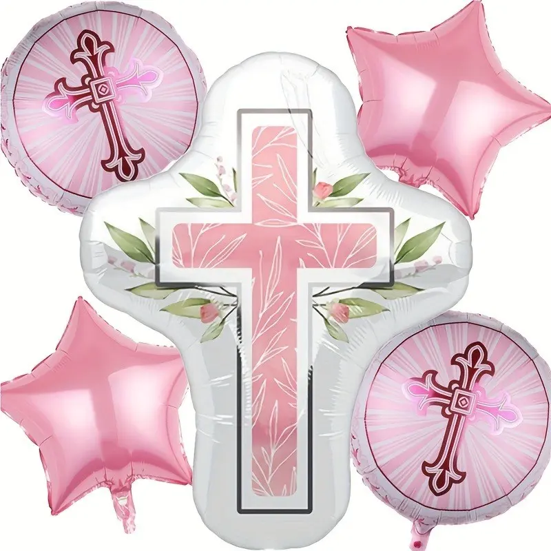5 Pcs Baptism Balloons Set, Balloon Kit, Cross & Star Foil Balloons Design, Ideal for Baptism, Communion, Confirmation & Birthday Party Decorations, Balloon Arch Balloons, Balloon Arch Kits