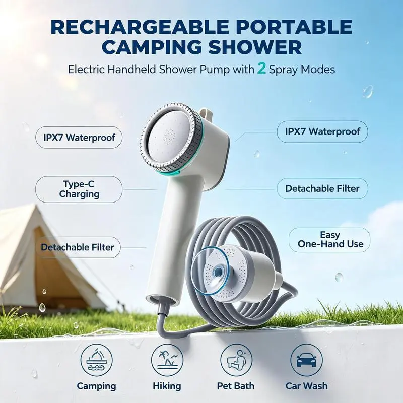 Rechargeable Portable Camping Shower, Electric Handheld Shower Pump with 2 Spray Modes, IPX7 Waterproof, Type-C Charging, for Outdoor Hiking, Dorm, Pet Bathing, Car Washing & Plant Watering