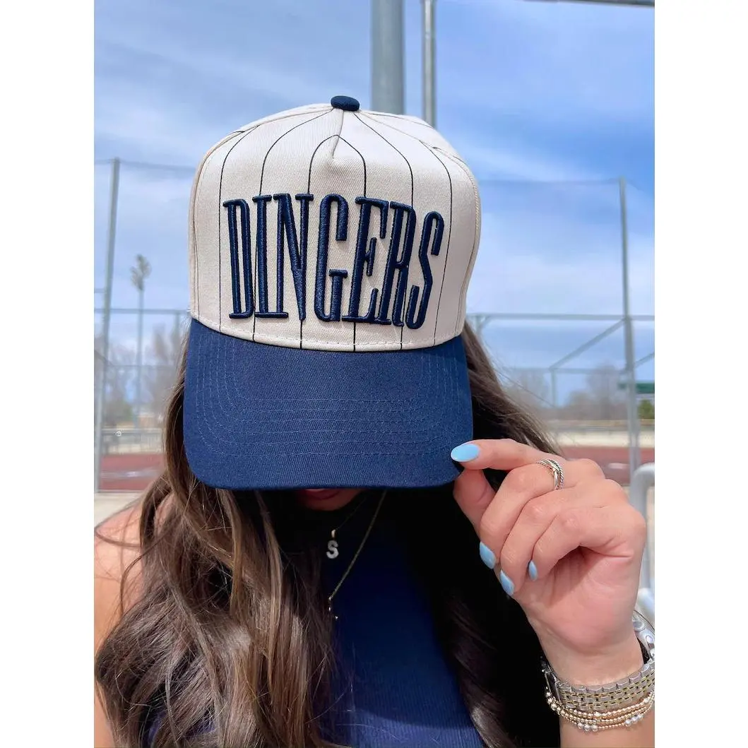 Dingers Navy Striped Vintage Trucker Hat |   Retro Flatbill Snapback Cap |   Classic Baseball Season Essentials |   Game Day Aesthetic Hat for Men & Women
