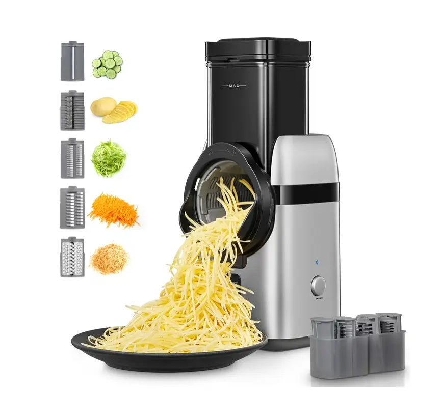 Electric Cheese Grater, 3.74‘’ Extra Large Feeding Port, 5 in 1 Electric Vegetable Slicer for Cheese, Fruits, Vegetables
