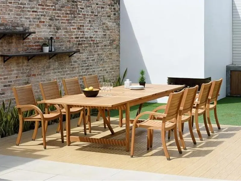 Urban Elements Teak Finish 9 Piece Patio Dining Set with Extendable Table and Stackable Chairs - Ideal for Indoor and Outdoor Use